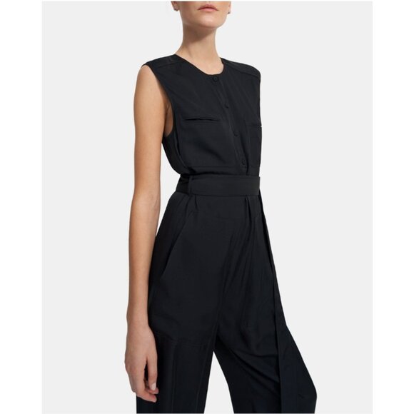 THEORY Cargo Jumpsuit in Twill Sleeveless Belted Lightweight Black Size S - Picture 2 of 8
